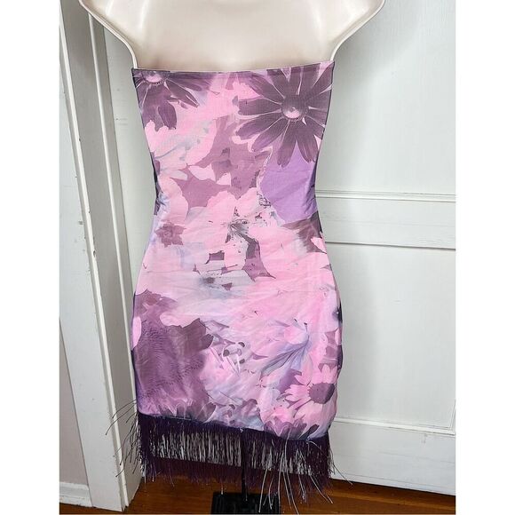 Princess Polly Pink/Purple Strapless Floral Fringe Trim Bodycon Mini Dress Size - Picture 8 of 8
